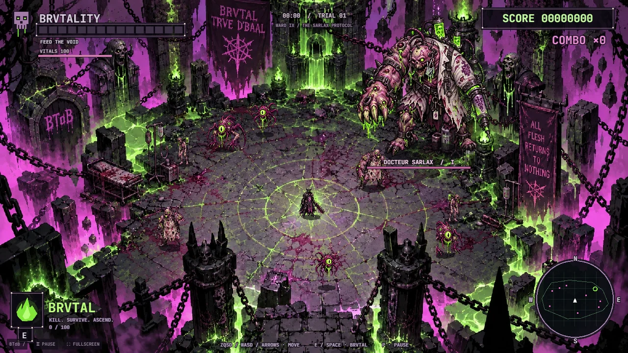 Arène en pixel art mauve et vert toxique, avec le joueur au centre et Docteur SarlaX dominant les ruines.