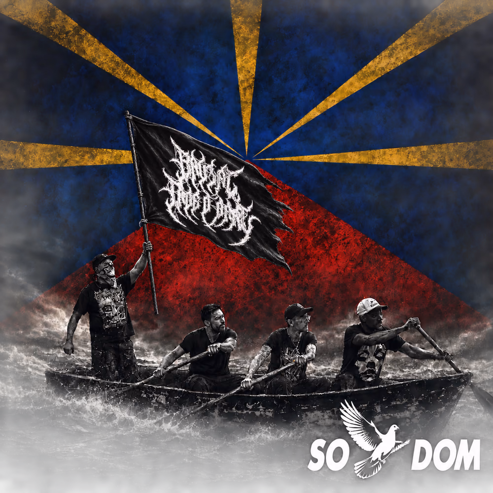 Pochette de So Dom : les membres de Brvtal Trve d'Baal dans un bateau sous un drapeau au logo du groupe, sur les couleurs de La Réunion.
